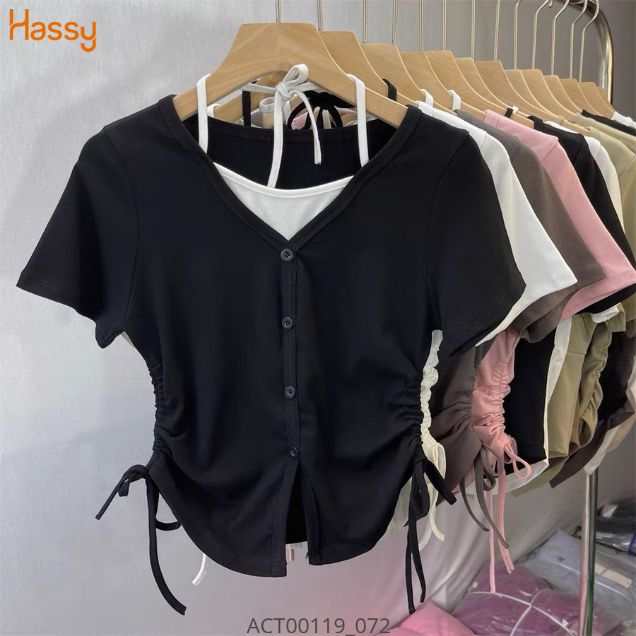 Hassy | Áo croptop cổ yếm nút giữa rút dây hai bên TLBT | Hassy.vn - Thời trang nữ hot trend