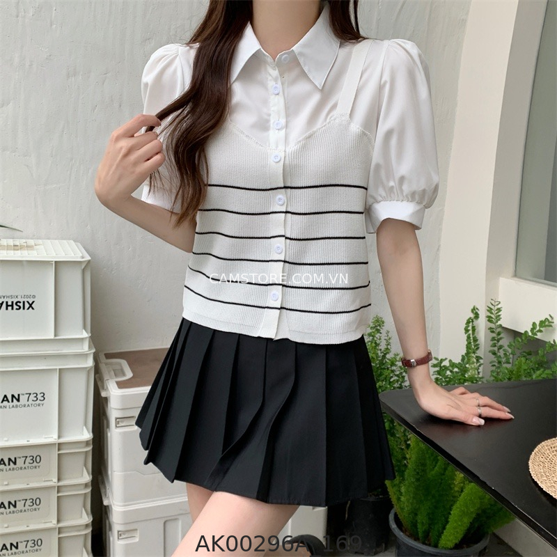 Hassy | Áo sơ mi crop tay bồng phối ghile yếm len Quảng Châu TK | Hassy.vn - Thời trang nữ hot trend