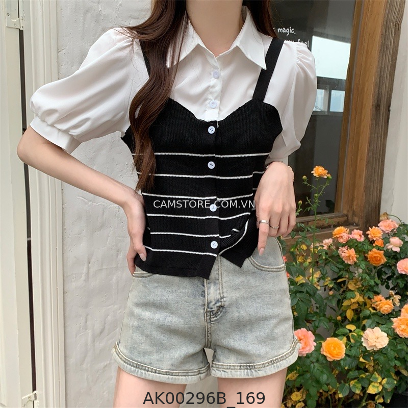 Hassy | Áo sơ mi crop tay bồng phối ghile yếm len Quảng Châu TK | Hassy.vn - Thời trang nữ hot trend