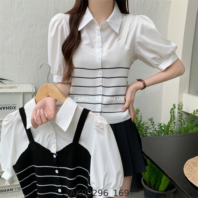 Hassy | Áo sơ mi crop tay bồng phối ghile yếm len Quảng Châu TK | Hassy.vn - Thời trang nữ hot trend