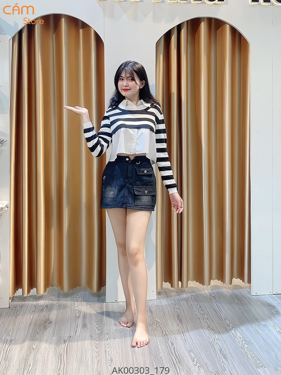 Hassy | Áo len crop tay dài phối sơ mi trắng sọc  HS | Hassy.vn - Thời trang nữ hot trend