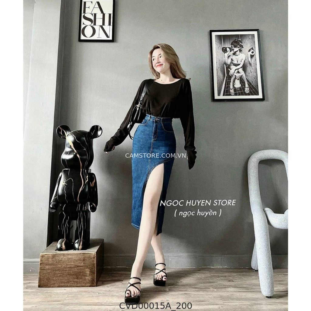 Hassy | Chân váy dài jean ôm co dãn xẻ trước lưng cao  | Hassy.vn - Thời trang nữ hot trend