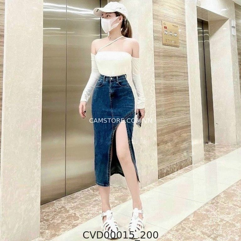 Hassy | Chân váy dài jean ôm co dãn xẻ trước lưng cao  | Hassy.vn - Thời trang nữ hot trend