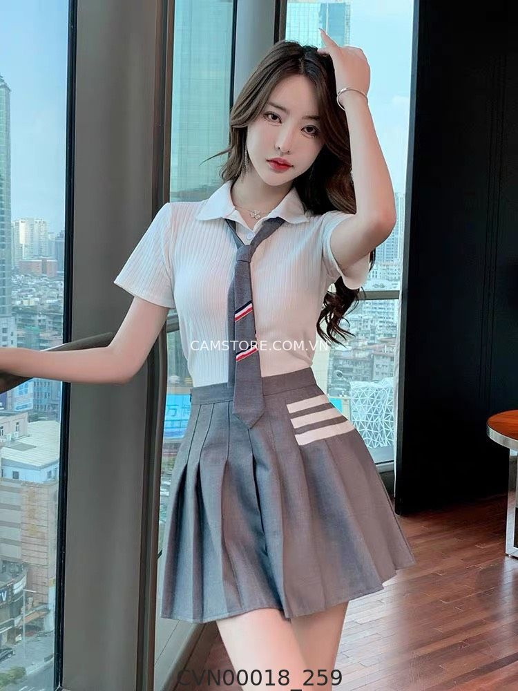 Hassy | Chân váy preppy tennis phối sọc xám  | Hassy.vn - Thời trang nữ hot trend