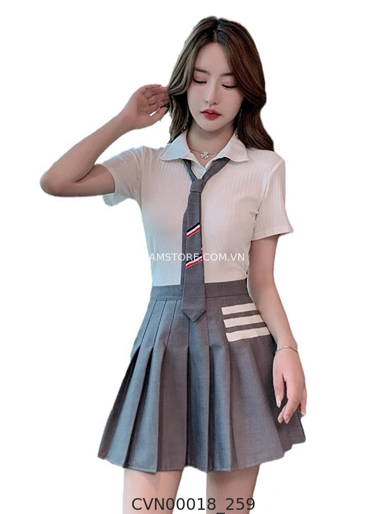 Hassy | Chân váy preppy tennis phối sọc xám  | Hassy.vn - Thời trang nữ hot trend