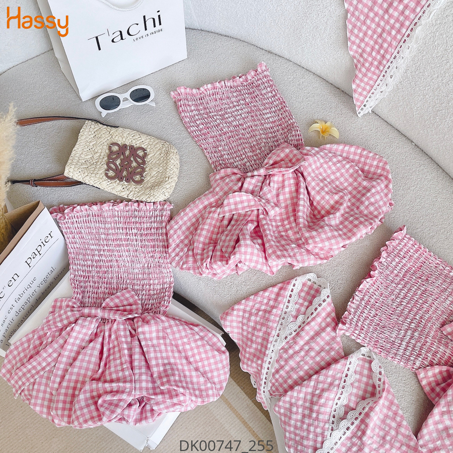 Hassy | Đầm ống smocking thân xoè nơ eo kèm tua băng caro KT | Hassy.vn - Thời trang nữ hot trend