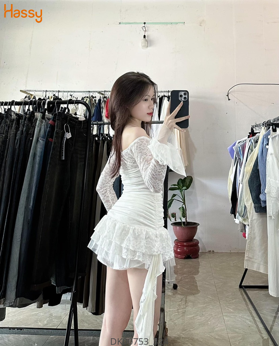 Hassy | Đầm ren hoa trắng trễ vai nhún rút phối tua rua  KT | Hassy.vn - Thời trang nữ hot trend