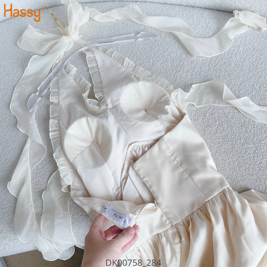 Hassy | Đầm midi voan nude cổ yếm cột tua rua tag hoa KT | Hassy.vn - Thời trang nữ hot trend