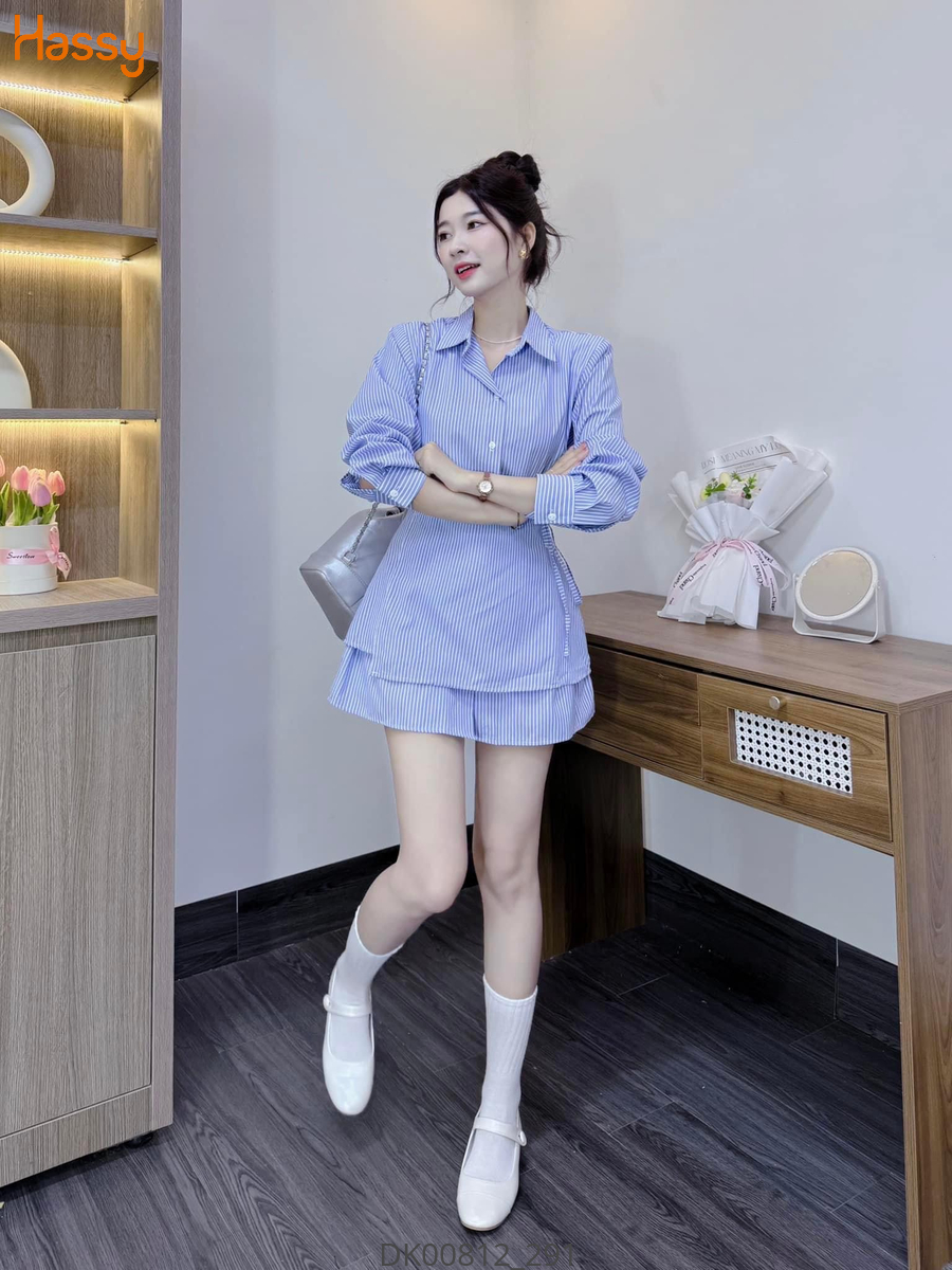 Hassy | Đầm sơ mi sọc xanh chân váy cột nơ bên KT | Hassy.vn - Thời trang nữ hot trend