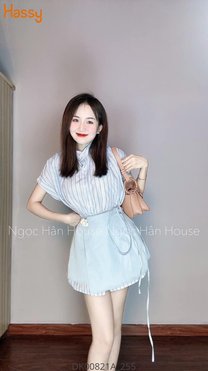 Hassy | Set đầm sơ mi kẻ sọc chân váy xanh đắp tag hoa 036 KT | Hassy.vn - Thời trang nữ hot trend