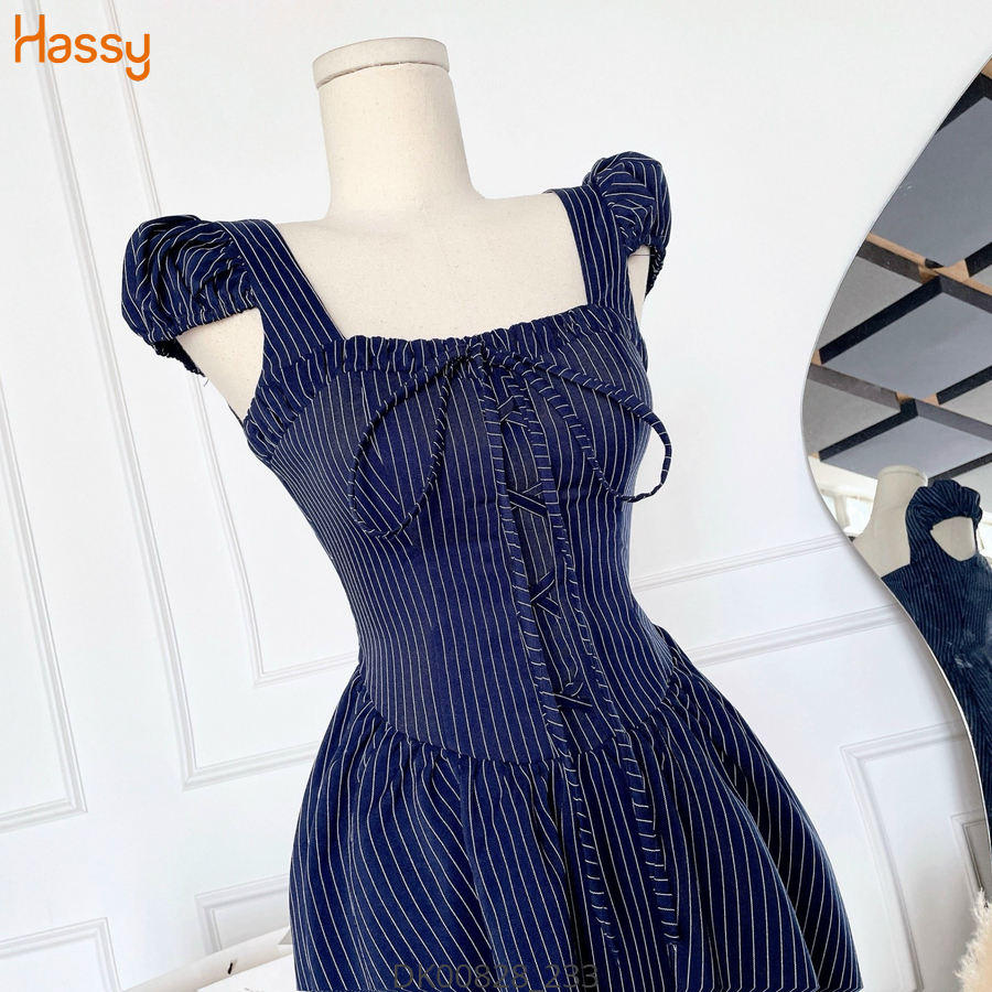 Hassy | Đầm sọc xanh cổ vuông đan dây tay bo 260 KT | Hassy.vn - Thời trang nữ hot trend