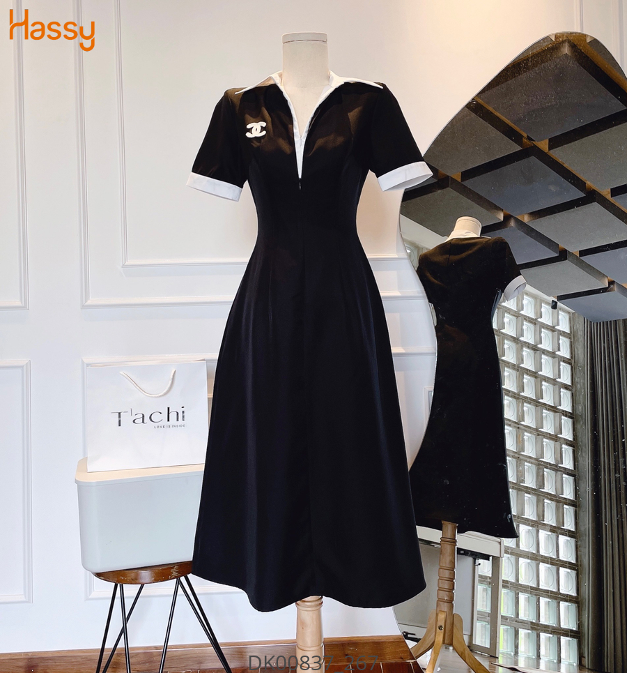 Hassy | Đầm midi đen cổ polo viền trắng logo đá KT | Hassy.vn - Thời trang nữ hot trend