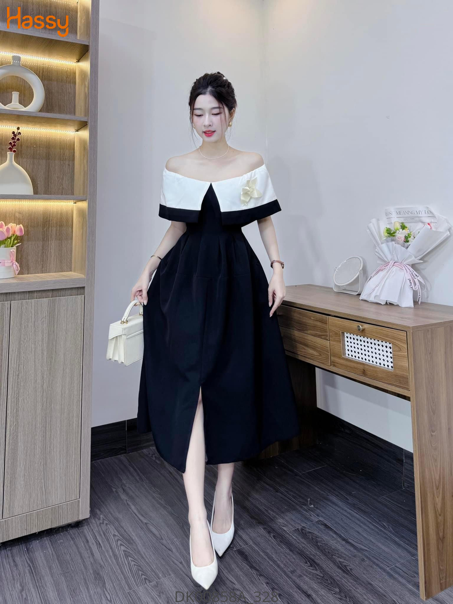 Hassy | Đầm midi đen trễ vai xẻ phối trắng tag hoa (17) | Hassy.vn - Thời trang nữ hot trend