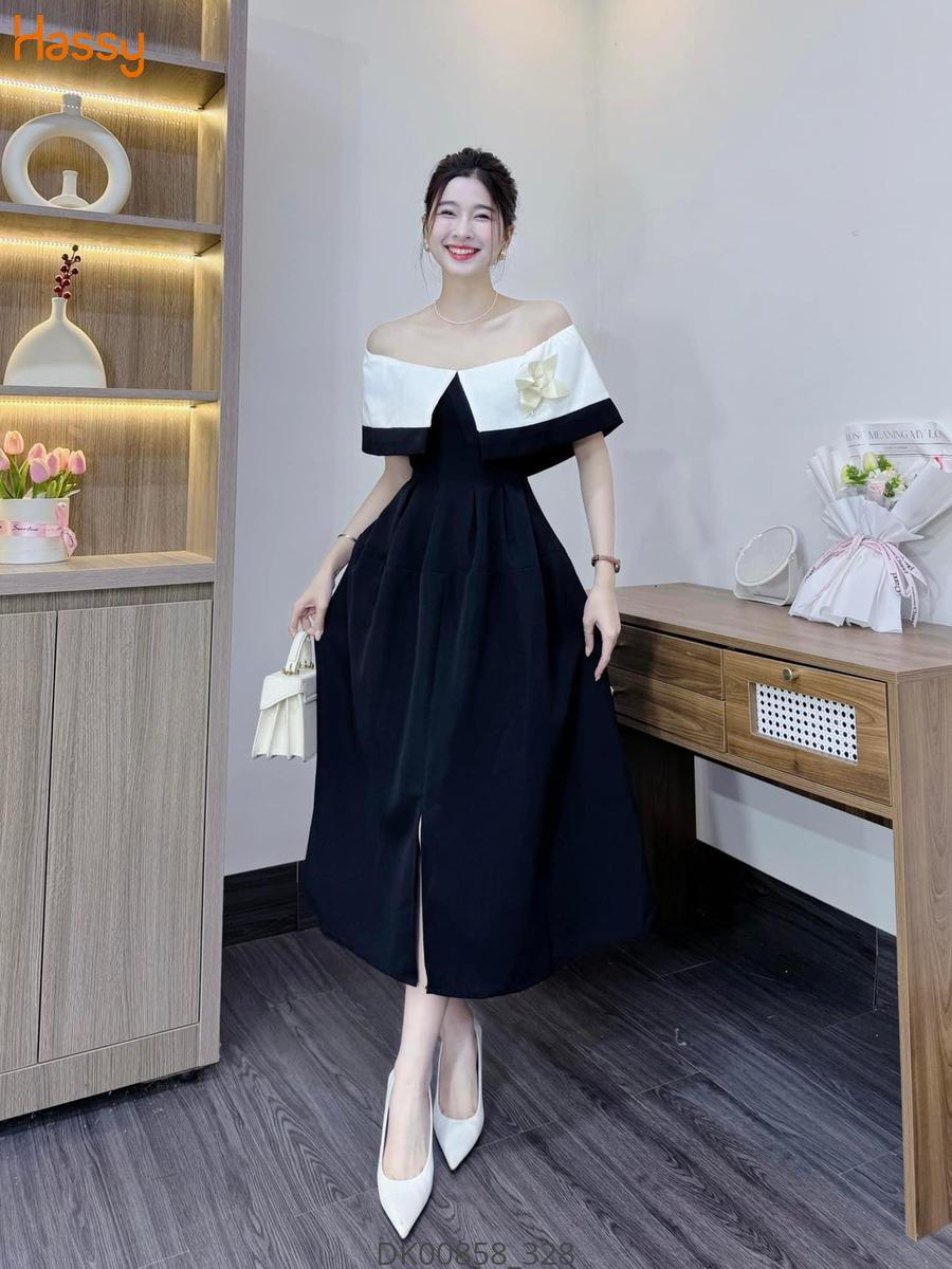 Hassy | Đầm midi đen trễ vai xẻ phối trắng tag hoa (17) | Hassy.vn - Thời trang nữ hot trend