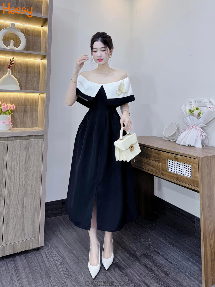 Hassy | Đầm midi đen trễ vai xẻ phối trắng tag hoa (17) | Hassy.vn - Thời trang nữ hot trend