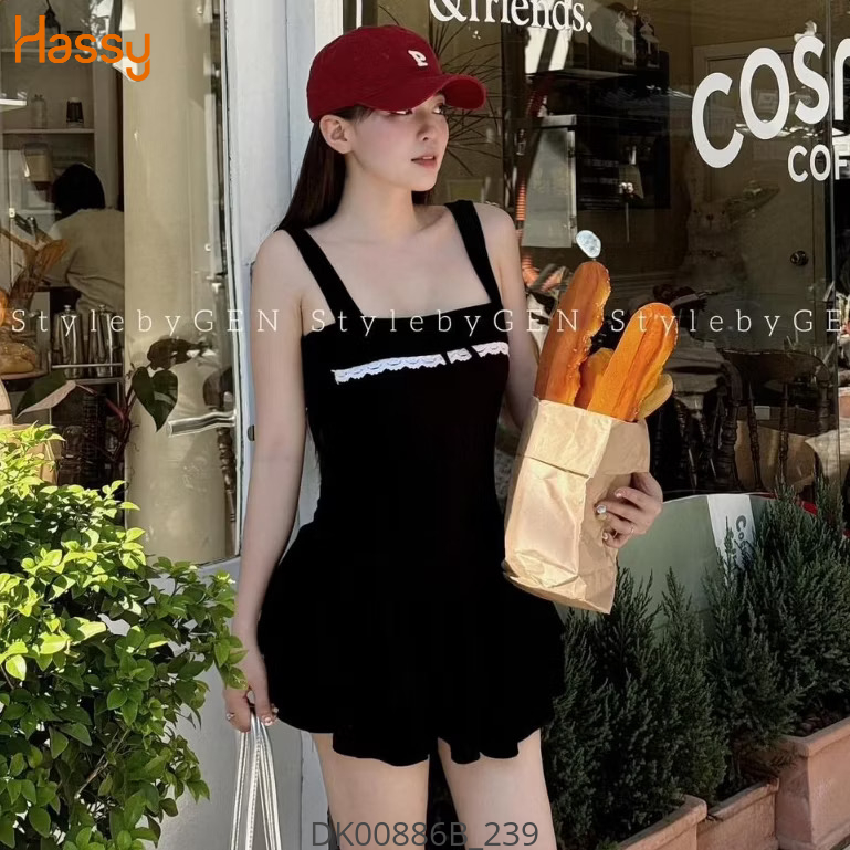 Hassy | Đầm hai dây len tăm xoè tiểu thue phối ren đính nơ HS | Hassy.vn - Thời trang nữ hot trend