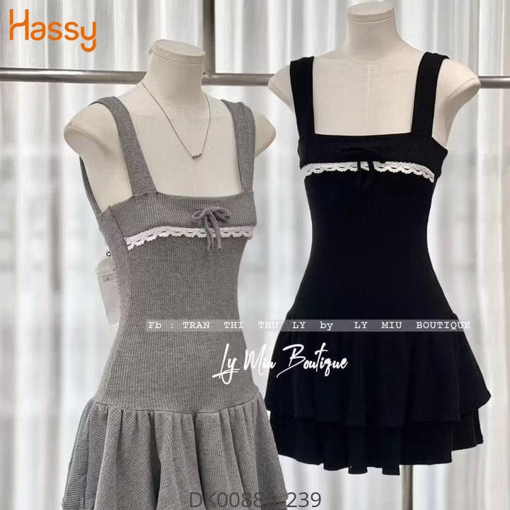 Hassy | Đầm hai dây len tăm xoè tiểu thue phối ren đính nơ HS | Hassy.vn - Thời trang nữ hot trend