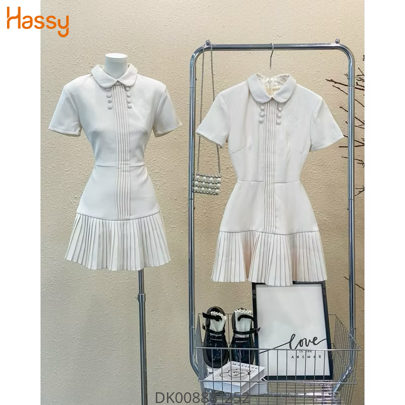 Hassy | Đầm tiểu thư tay ngắn xoè cổ bẻ thêu nơ xếp ly giữa HS | Hassy.vn - Thời trang nữ hot trend