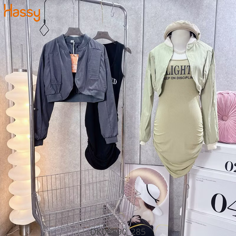 Hassy | Đầm body tăm lạnh in chữ dún eo kèm áo khoác bomber gió  HS | Hassy.vn - Thời trang nữ hot trend