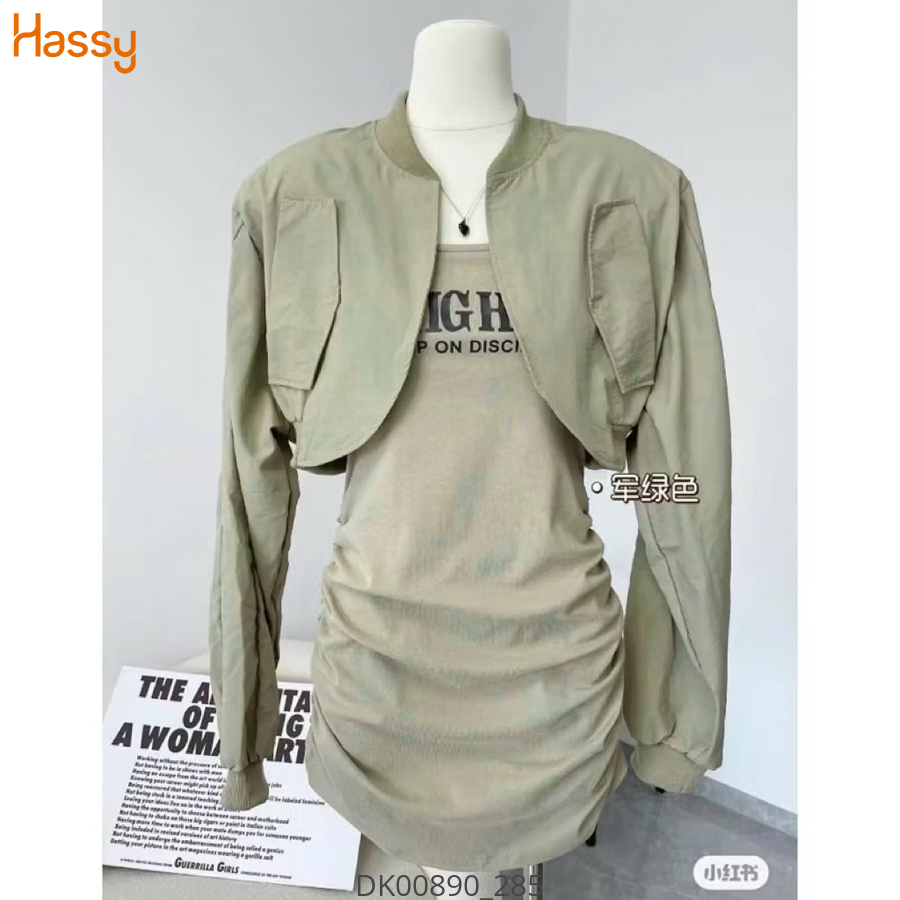 Hassy | Đầm body tăm lạnh in chữ dún eo kèm áo khoác bomber gió  HS | Hassy.vn - Thời trang nữ hot trend