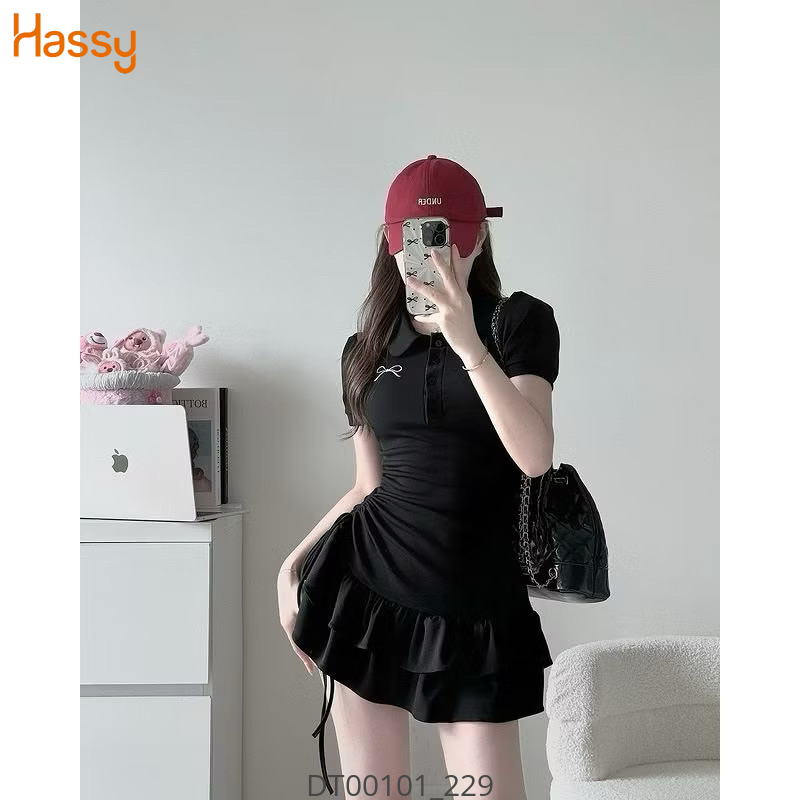 Hassy | Đầm polo thun gân thêu nơ rút eo xoè 2 tầng HS | Hassy.vn - Thời trang nữ hot trend