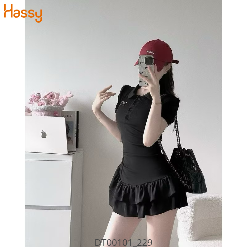 Hassy | Đầm polo thun gân thêu nơ rút eo xoè 2 tầng HS | Hassy.vn - Thời trang nữ hot trend