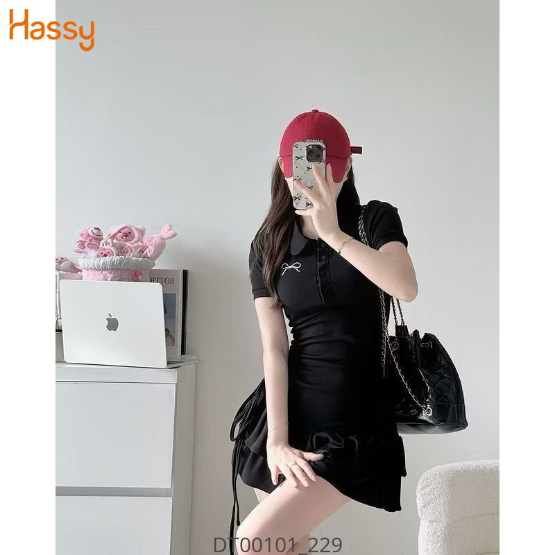 Hassy | Đầm polo thun gân thêu nơ rút eo xoè 2 tầng HS | Hassy.vn - Thời trang nữ hot trend