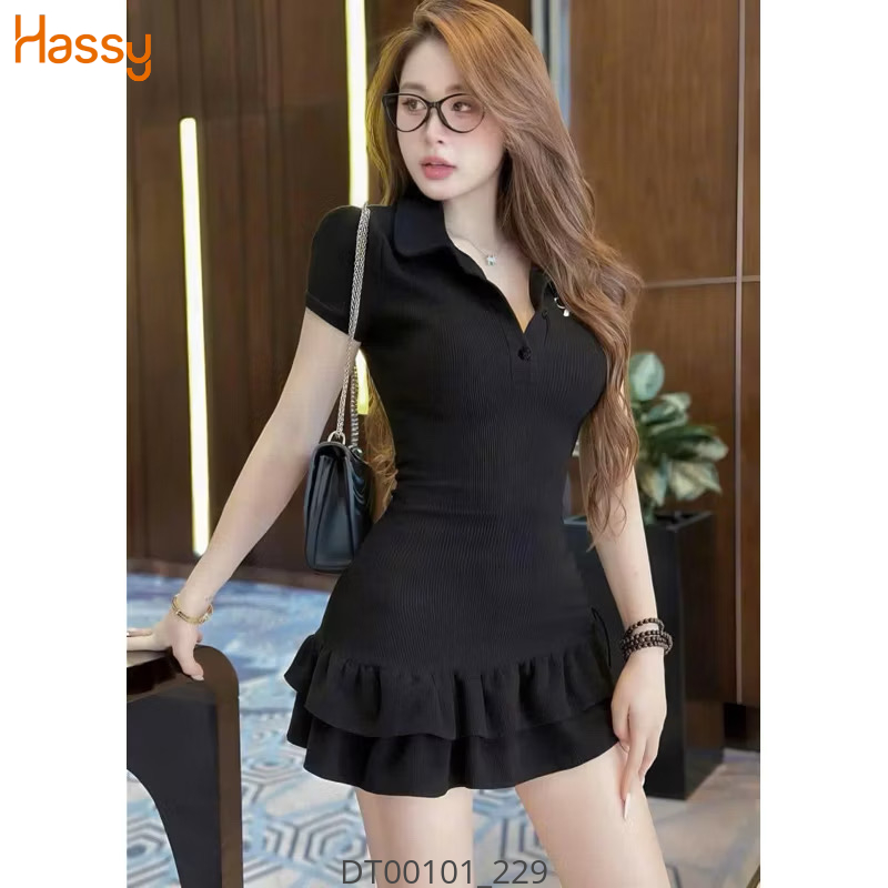 Hassy | Đầm polo thun gân thêu nơ rút eo xoè 2 tầng HS | Hassy.vn - Thời trang nữ hot trend