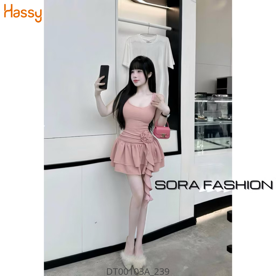 Hassy | Đầm tăm lạnh cổ vuông sát nách xoè hai tầng đính hoa eo HS | Hassy.vn - Thời trang nữ hot trend