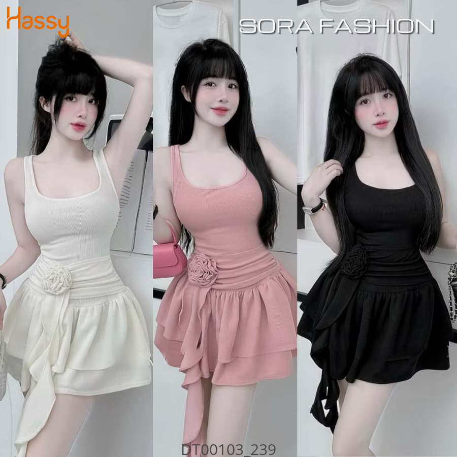 Hassy | Đầm tăm lạnh cổ vuông sát nách xoè hai tầng đính hoa eo HS | Hassy.vn - Thời trang nữ hot trend