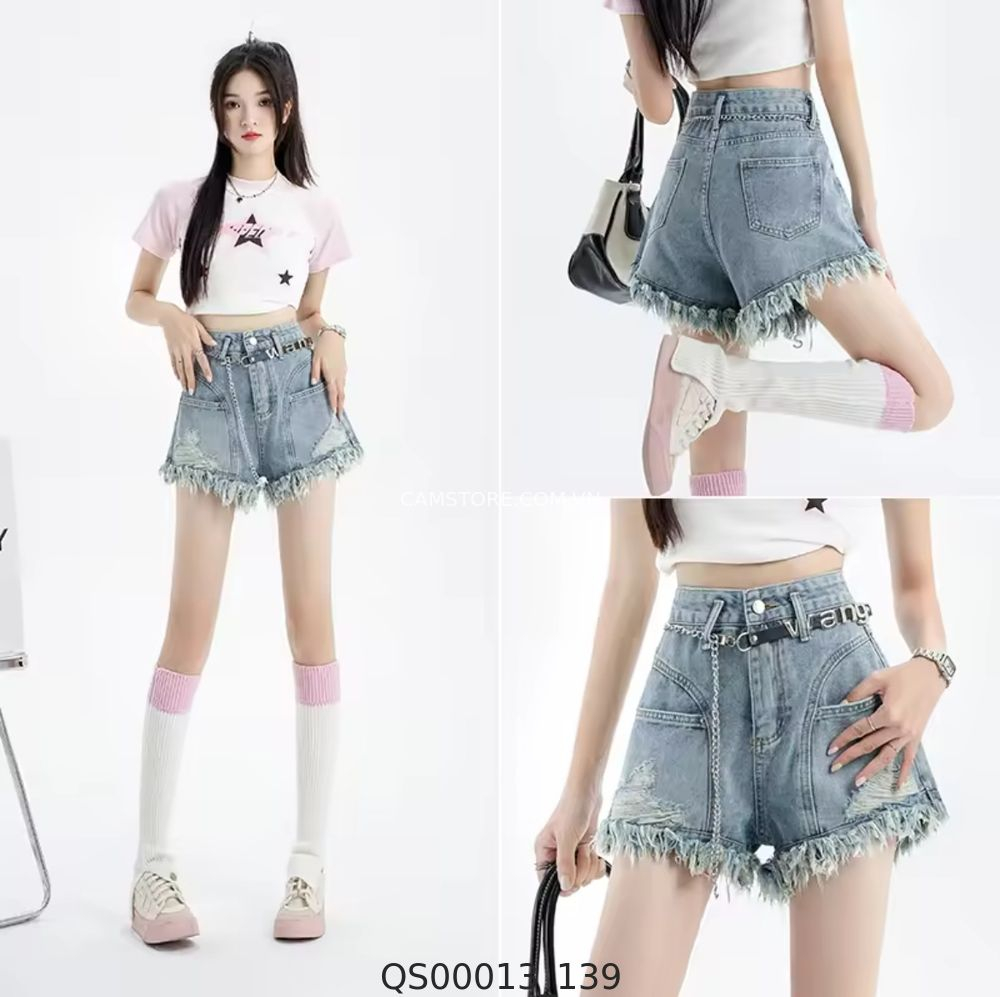 Quần short jean cạp cao dáng rộng rách tua rua 