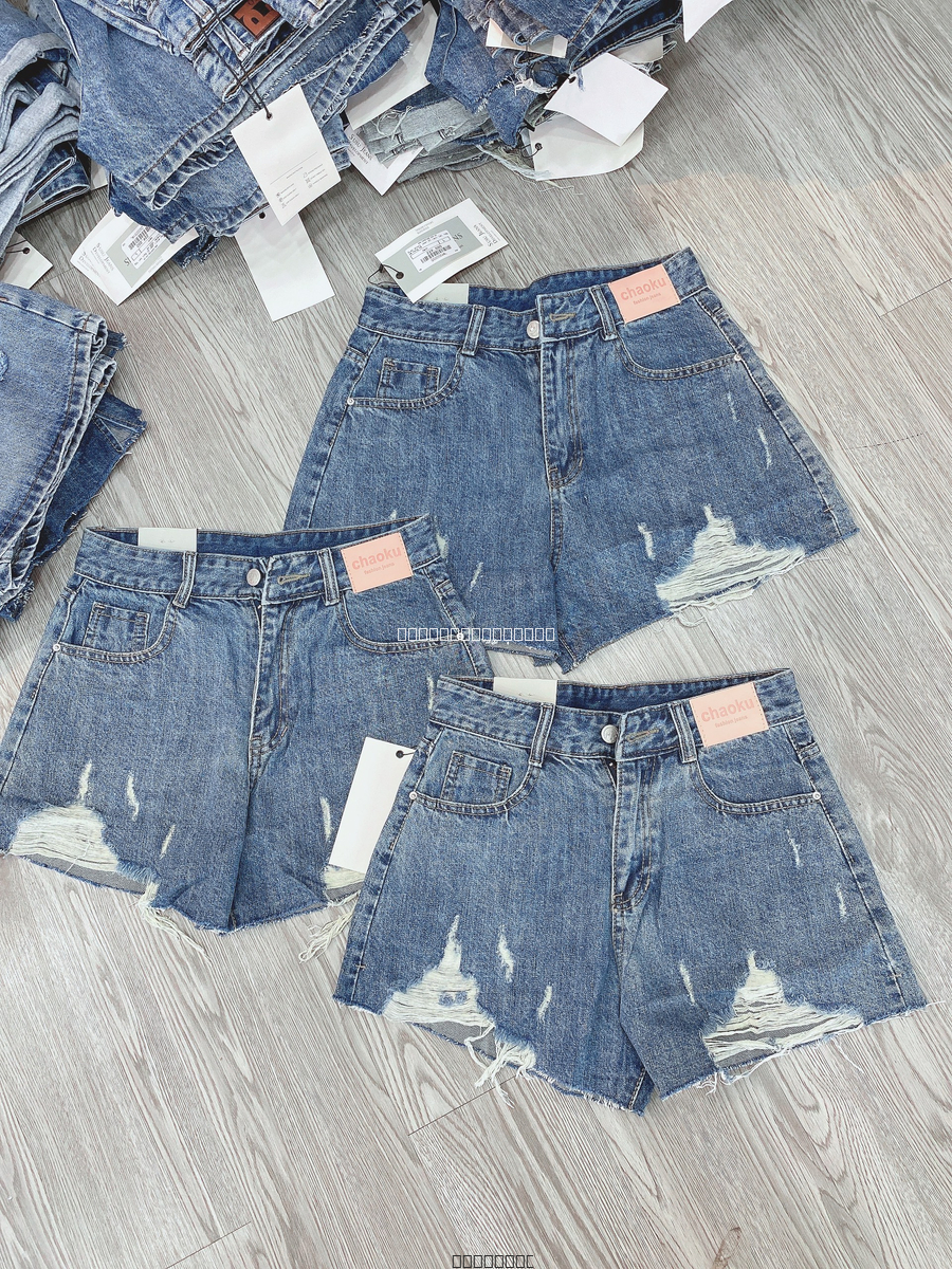 Quần short jean QC rách lai tag da hồng HS