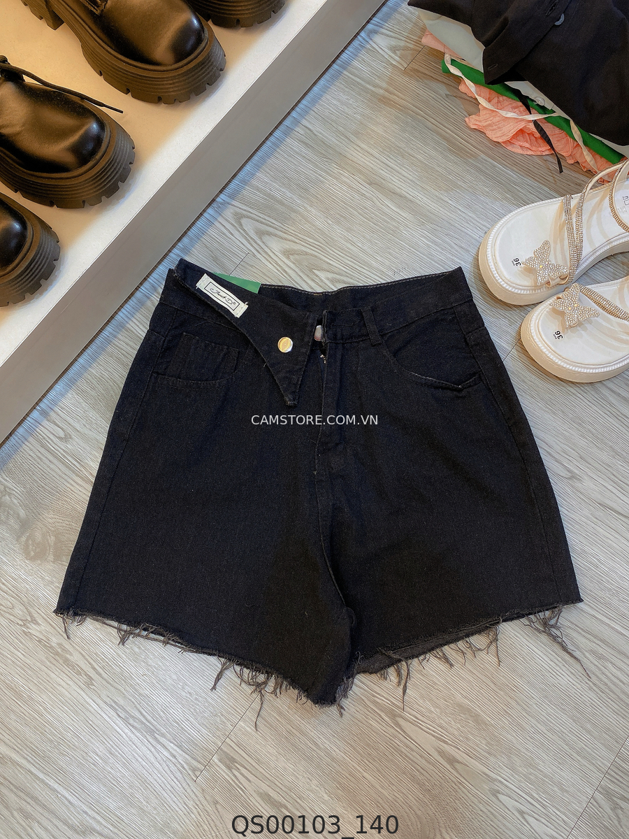 Quần short jean nữa lưng cao ống rộng lại tua rua