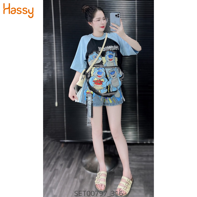 Set áo thun gấu Fasshion short jean phối màu QC cc SH