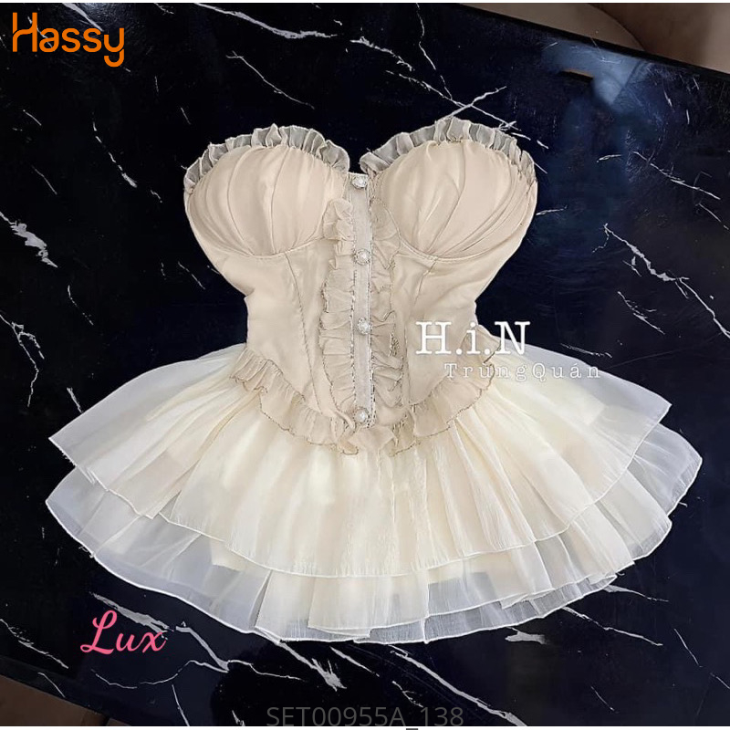 Hassy | Set chân váy tầng áo cúp phối bèo đính nút ngọc MK | Hassy.vn - Thời trang nữ hot trend