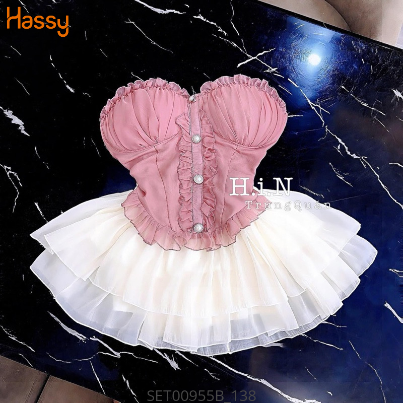 Hassy | Set chân váy tầng áo cúp phối bèo đính nút ngọc MK | Hassy.vn - Thời trang nữ hot trend