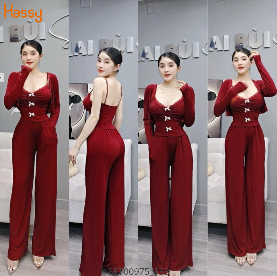 Hassy | Set áo hai dây len tăm đính nơ kèm khoác quần suông  MK | Hassy.vn - Thời trang nữ hot trend