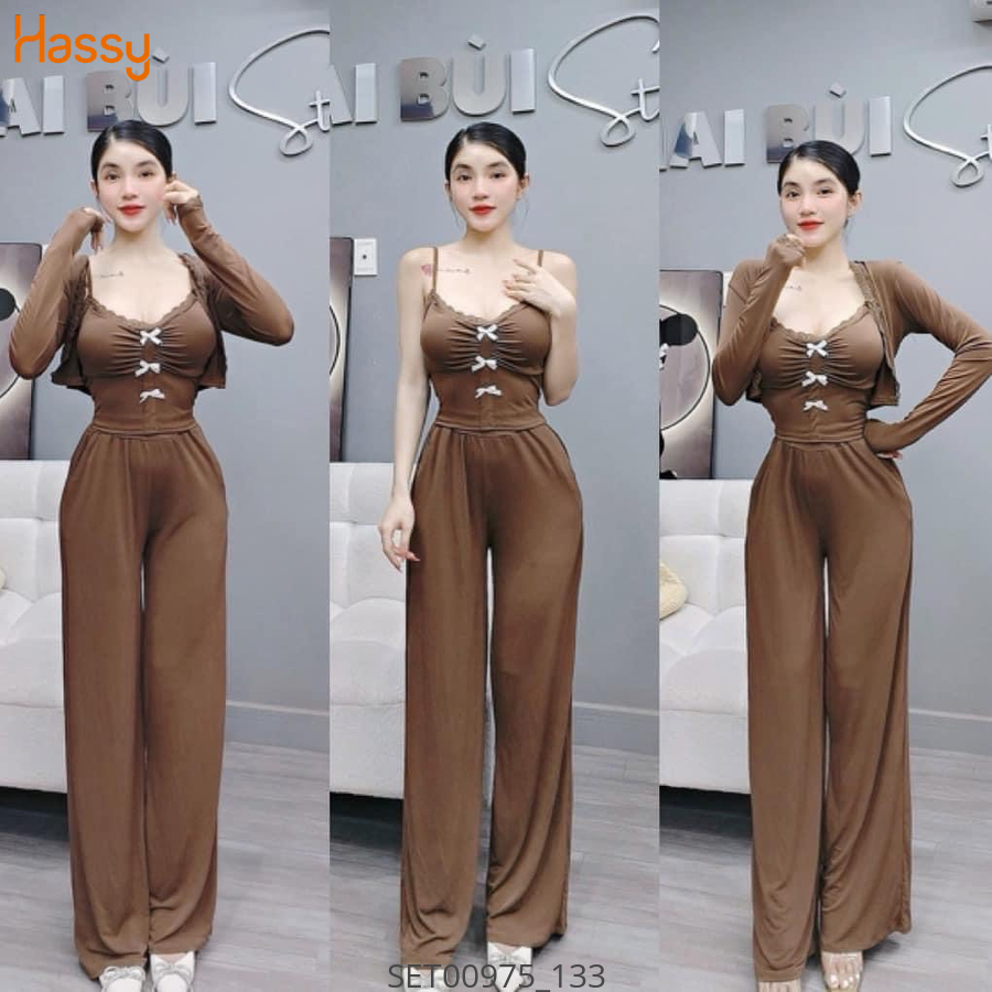 Hassy | Set áo hai dây len tăm đính nơ kèm khoác quần suông  MK | Hassy.vn - Thời trang nữ hot trend