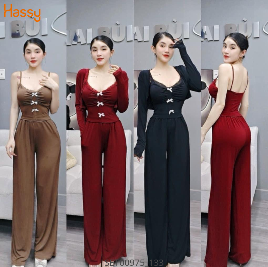 Hassy | Set áo hai dây len tăm đính nơ kèm khoác quần suông  MK | Hassy.vn - Thời trang nữ hot trend