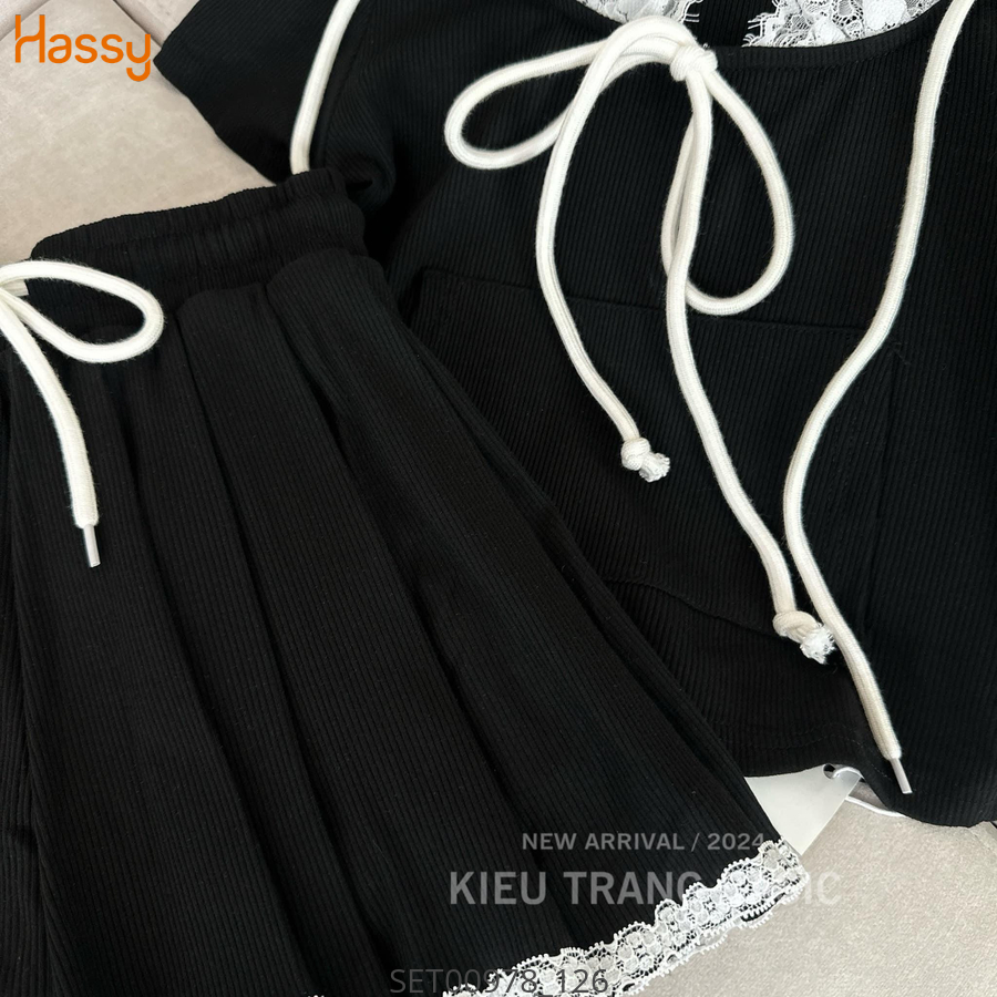 Hassy | Set crop len tăm tay dài có nón phối ren cv xoè  MK | Hassy.vn - Thời trang nữ hot trend