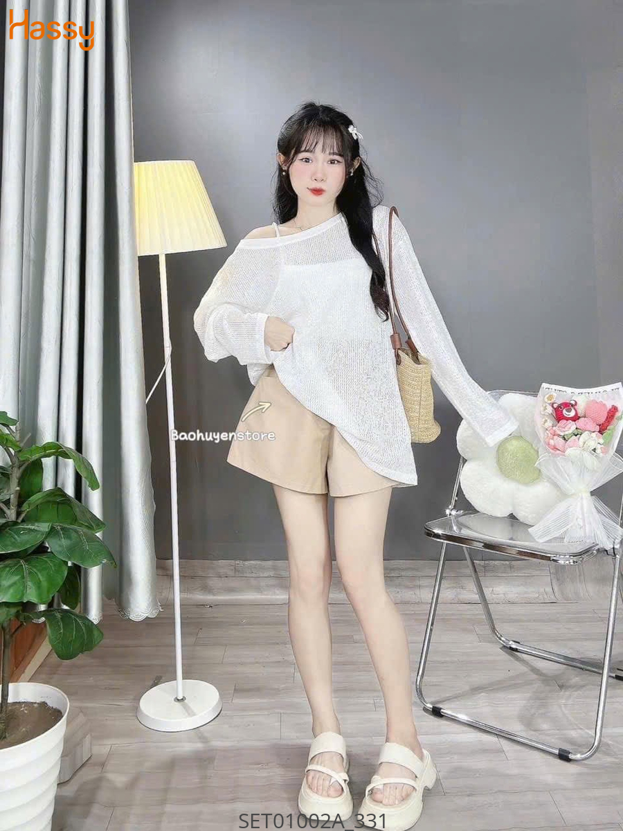 Hassy | Set áo trắng ren lỗ TD crop 2s trắng short kaki nude (35) | Hassy.vn - Thời trang nữ hot trend