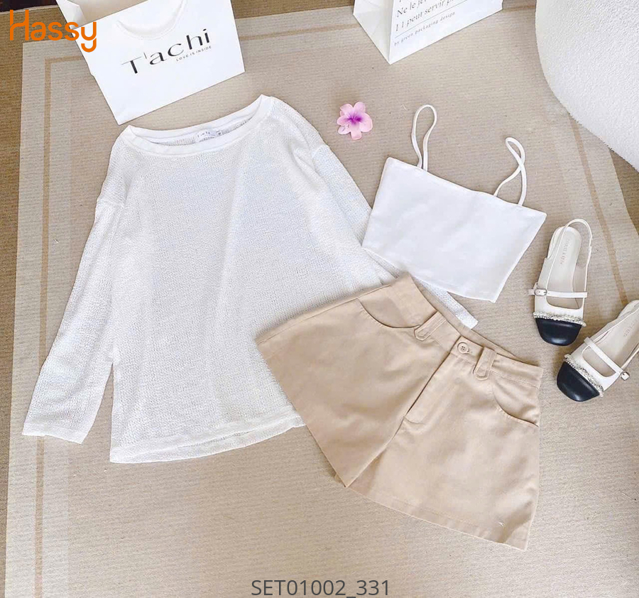 Hassy | Set áo trắng ren lỗ TD crop 2s trắng short kaki nude (35) | Hassy.vn - Thời trang nữ hot trend