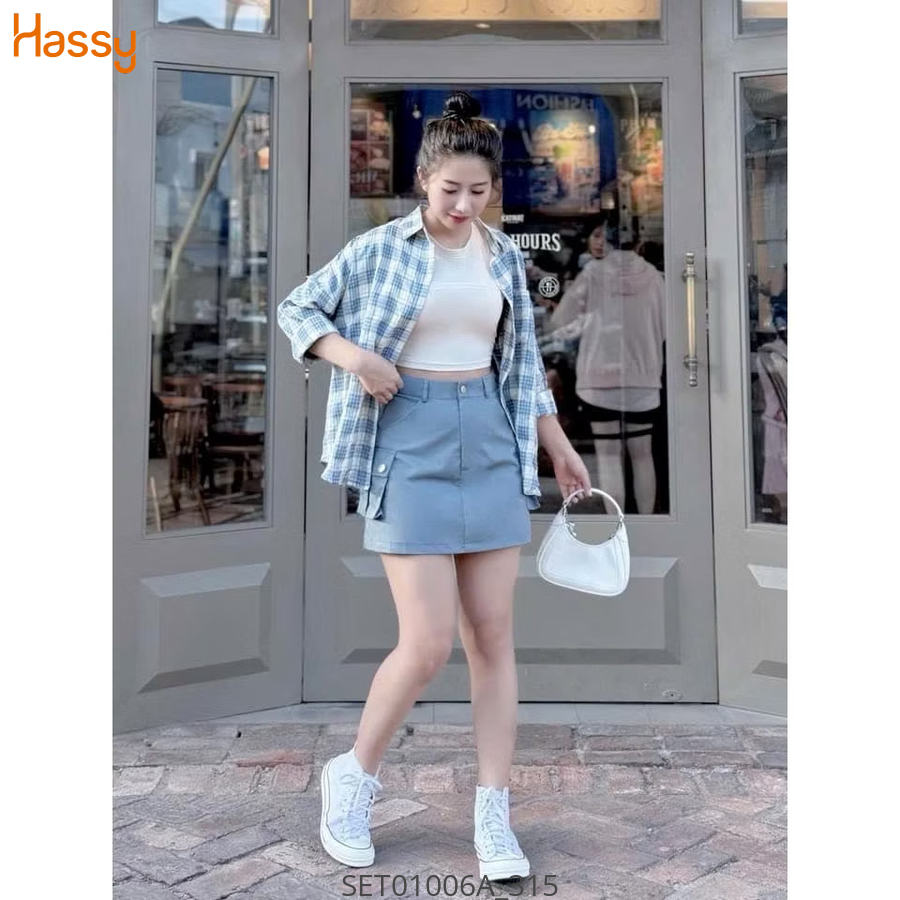 Hassy | Set ba món sơ mi kẻ caro áo ba lỗ trắng chân váy (32) | Hassy.vn - Thời trang nữ hot trend