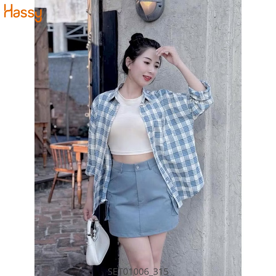 Hassy | Set ba món sơ mi kẻ caro áo ba lỗ trắng chân váy (32) | Hassy.vn - Thời trang nữ hot trend