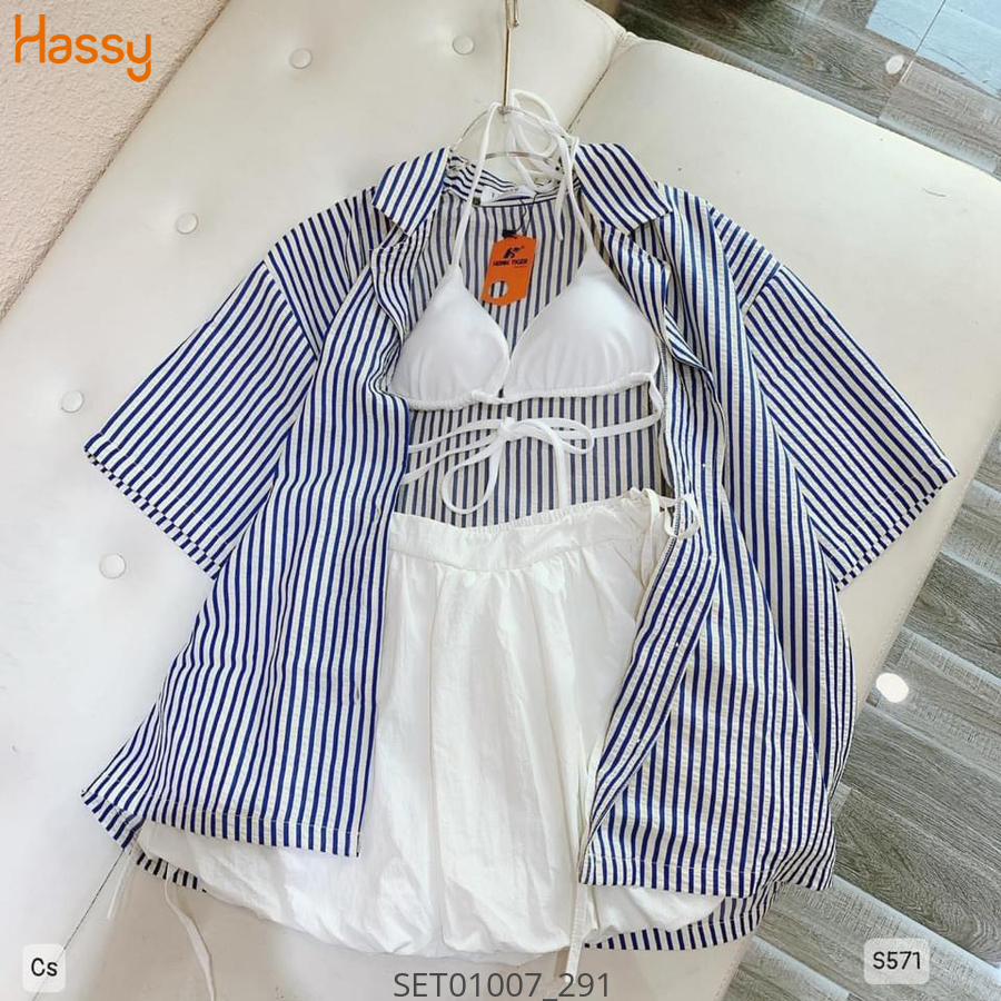 Hassy | Set 3 món khoác sơ mi kẻ sọc bra cổ yếm trắng short trắng  | Hassy.vn - Thời trang nữ hot trend