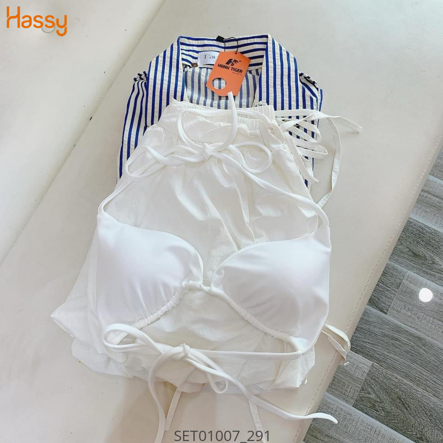 Hassy | Set 3 món khoác sơ mi kẻ sọc bra cổ yếm trắng short trắng  | Hassy.vn - Thời trang nữ hot trend