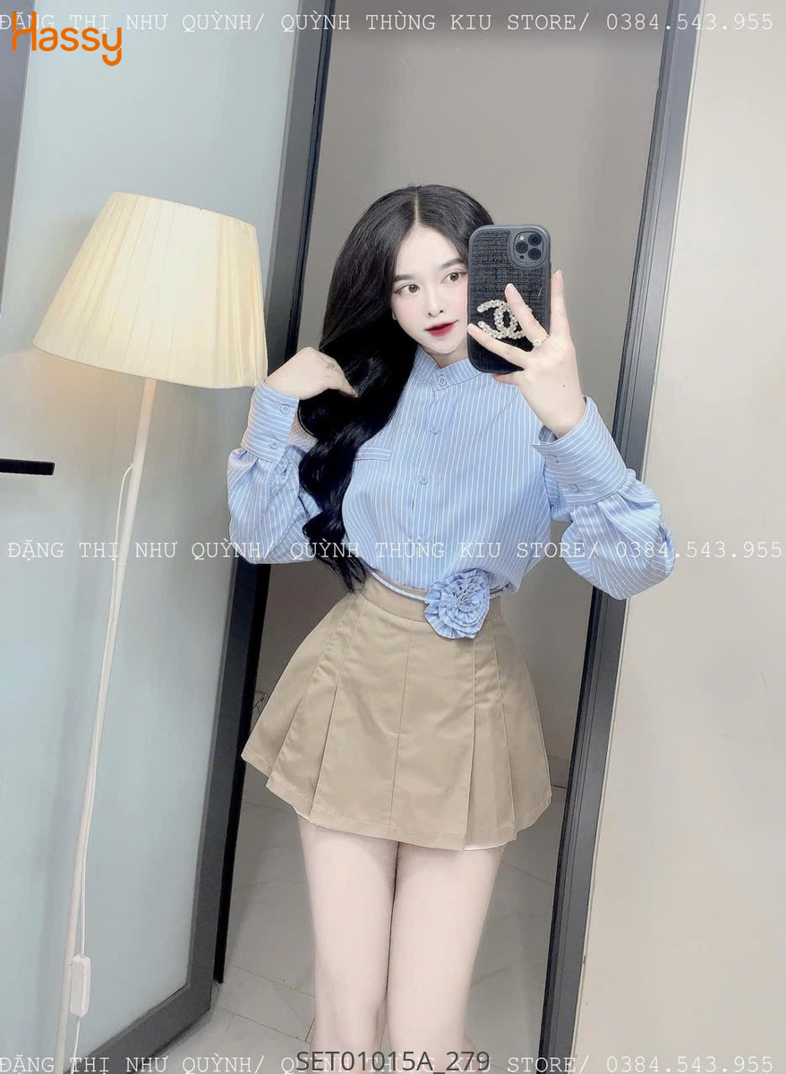 Hassy | Set sơ mi kẻ sọc xanh đính hoa vai chân váy nude xly(55)  | Hassy.vn - Thời trang nữ hot trend