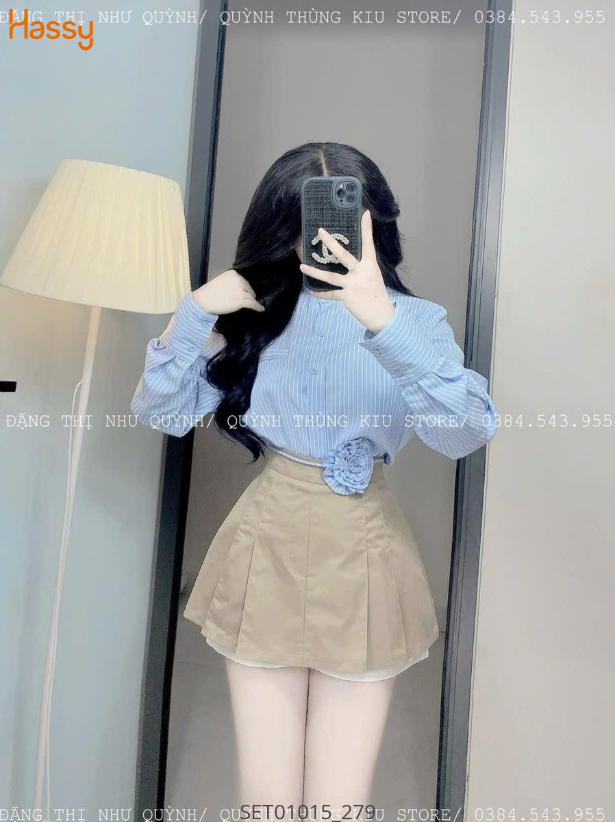 Hassy | Set sơ mi kẻ sọc xanh đính hoa vai chân váy nude xly(55)  | Hassy.vn - Thời trang nữ hot trend