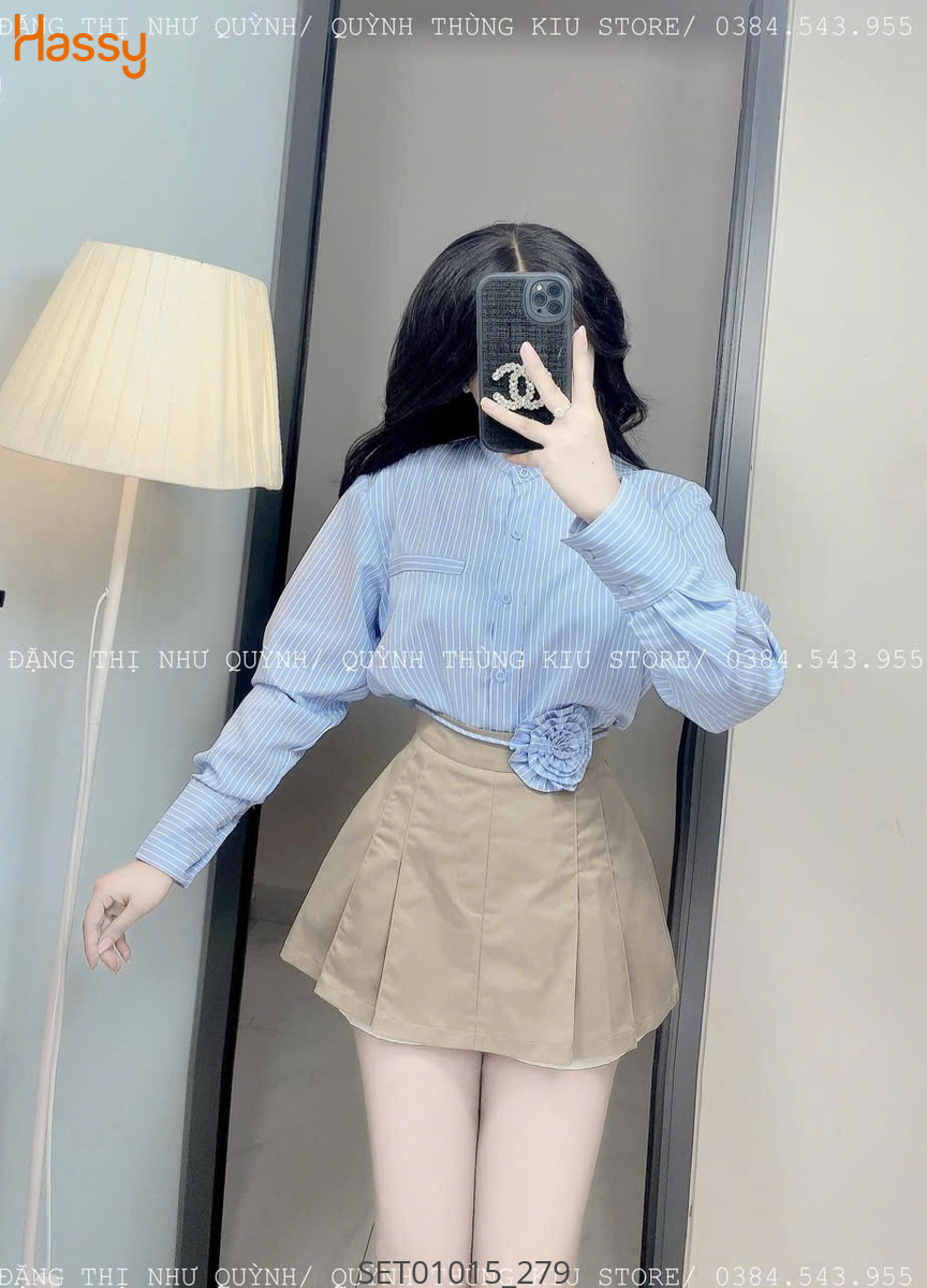 Hassy | Set sơ mi kẻ sọc xanh đính hoa vai chân váy nude xly(55)  | Hassy.vn - Thời trang nữ hot trend