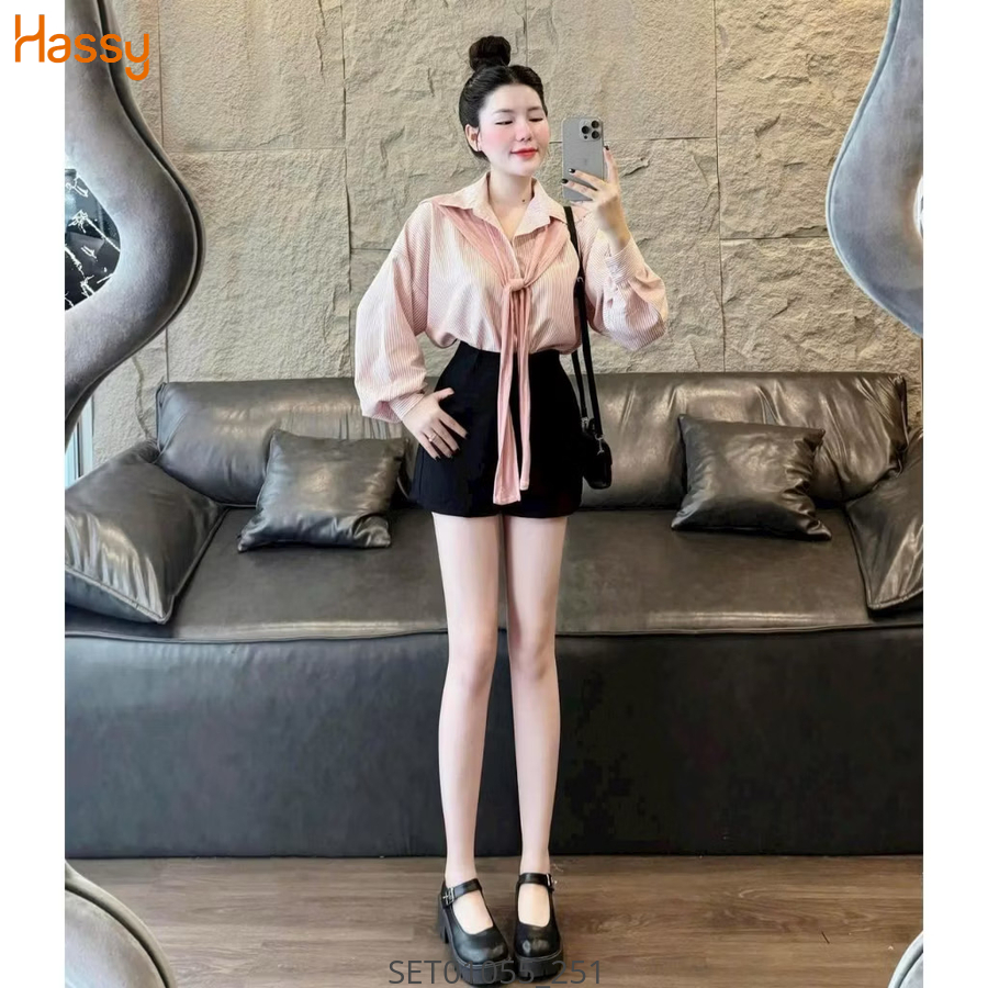 Set sơ mi hồng kèm choàng thuỷ thủ quần short đen HS